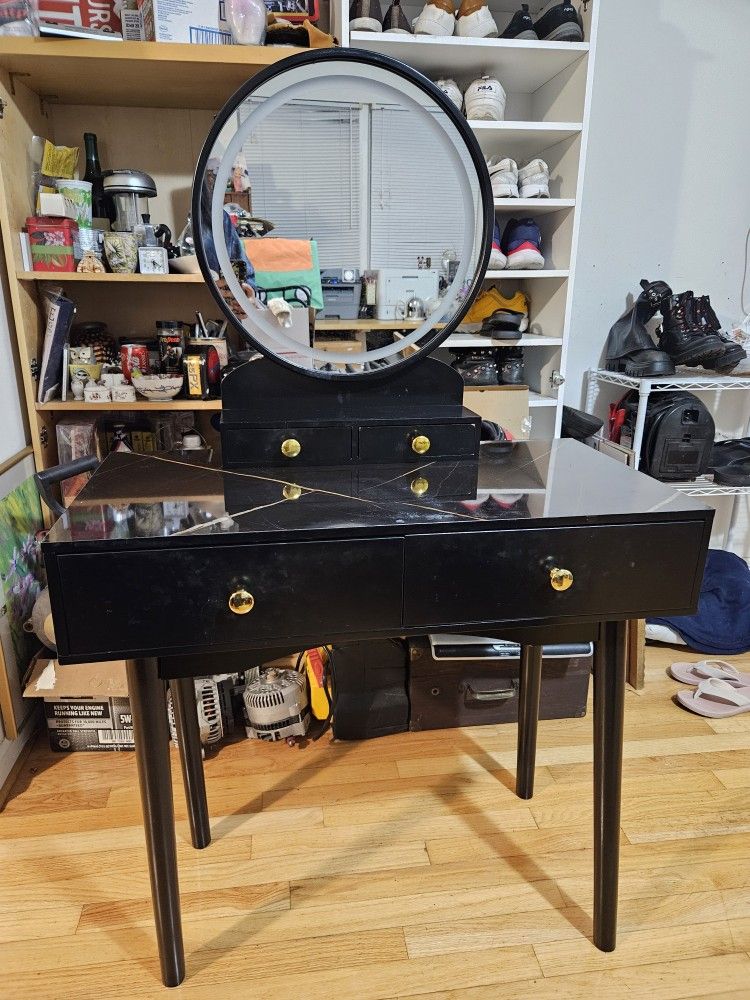 Black Granite/Wood 31x16x30" Vanity Bedroom Desk with Mirror