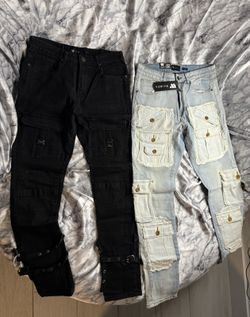 Waimea Black Skinny Fit Cargo Jeans Clip Buckles Ankle Straps