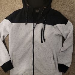 "Men's Full-Zip Hoodie - Black & Light Gray Colorblock."