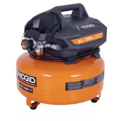 RIDGID 6 Gal. 150 PSI Portable Electric Oil-Free Jobsite Pancake Air Compressor with Dual Pressure Gauges and 2-Quick Couplers