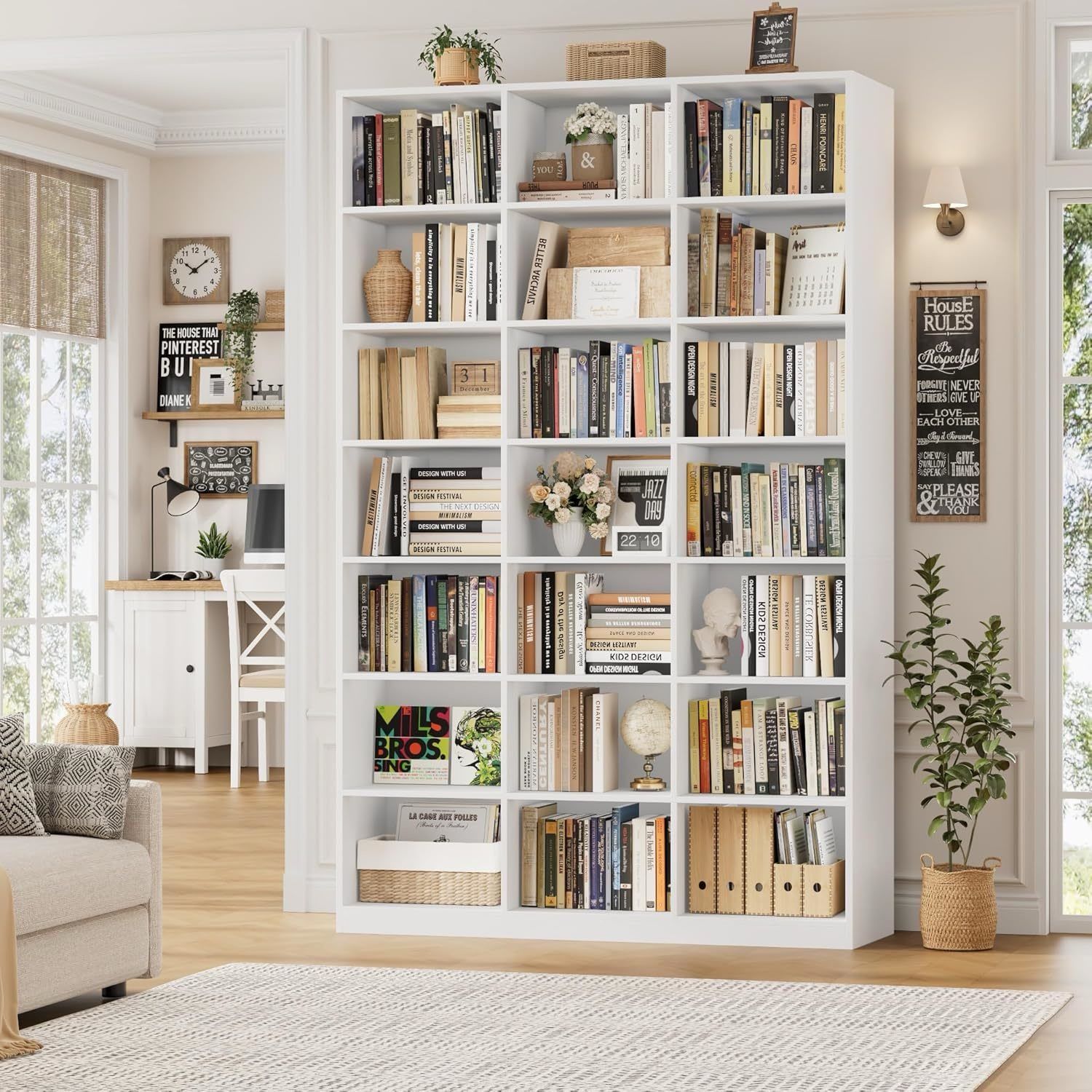   86" H Triple Wide Bookshelf and Bookcase, 7 Tier Tall Bookshelf with Storage, Large Bookcase with 21 Open Display Storage Shelves, Wood Boo