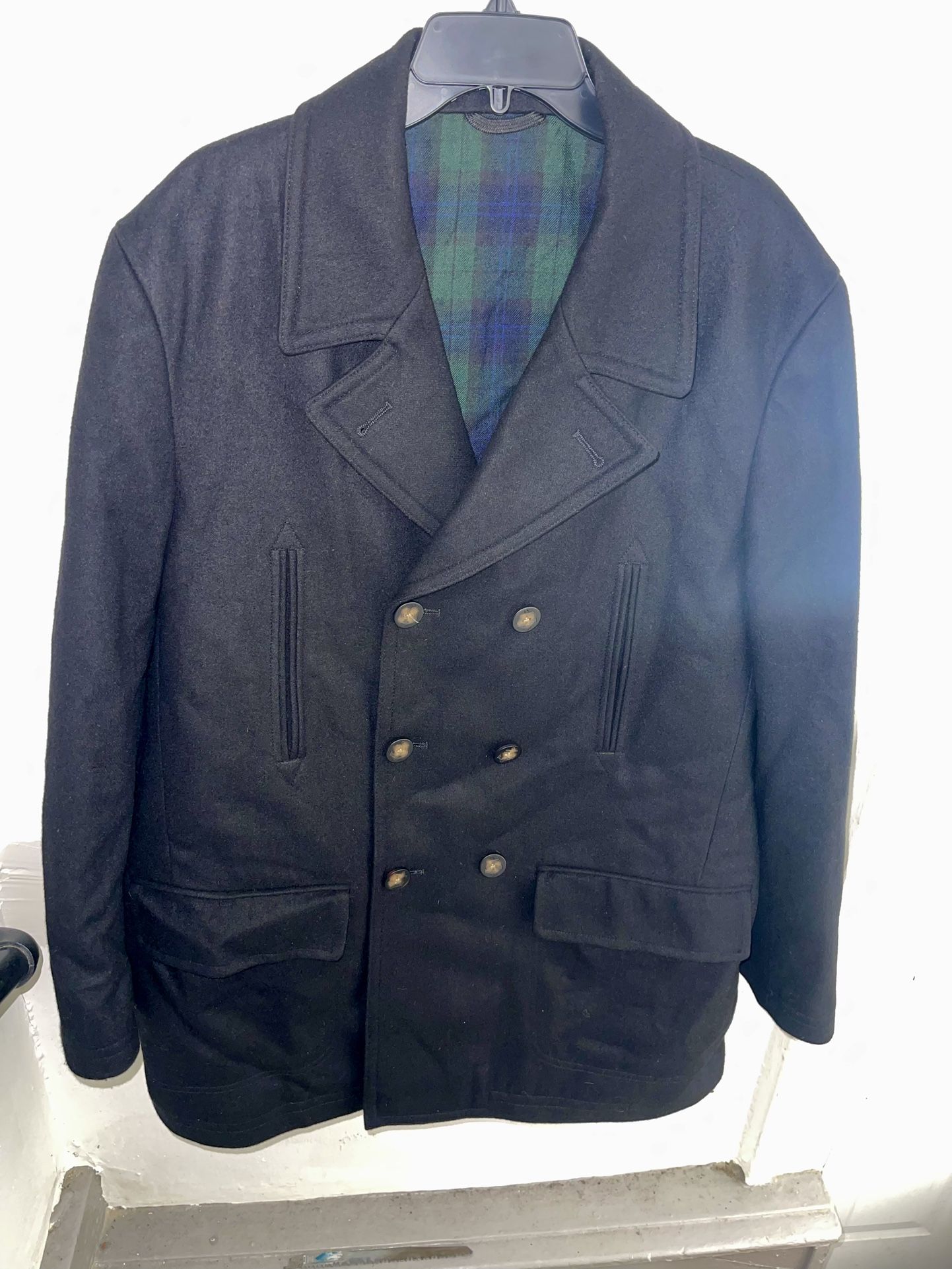 Ralph Lauren Men’s Wool Peacoat – Navy Double-Breasted Jacket with Plaid Lining