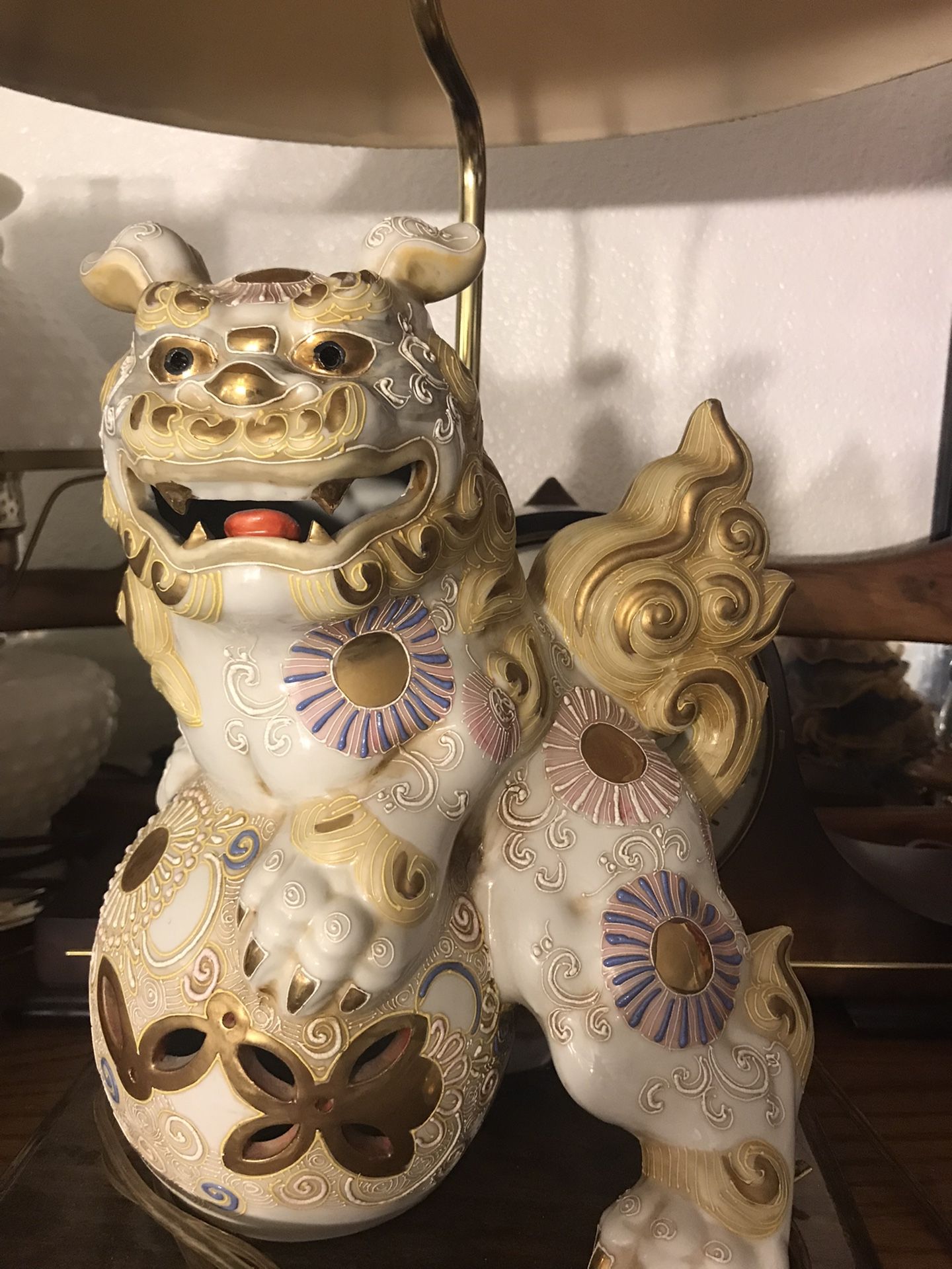 Vintage Japanese Kutani Porcelain Figurine Foo Dog Figure Statue Lamp
