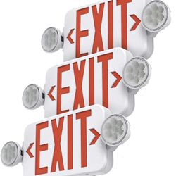 NEW! Pack of 3! Red Led Exit Sign Light Combo Adjustable Two Head, Double Sided & Battery Backup