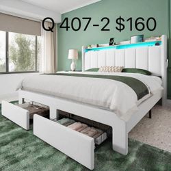 Velvet Upholstered Platform Bed Frame with LED Headboard, Storage (407-2)
