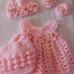 Crochet Baby Girl Pink Rosebud Heirloom Dress Set Photo Prop Shipping Available