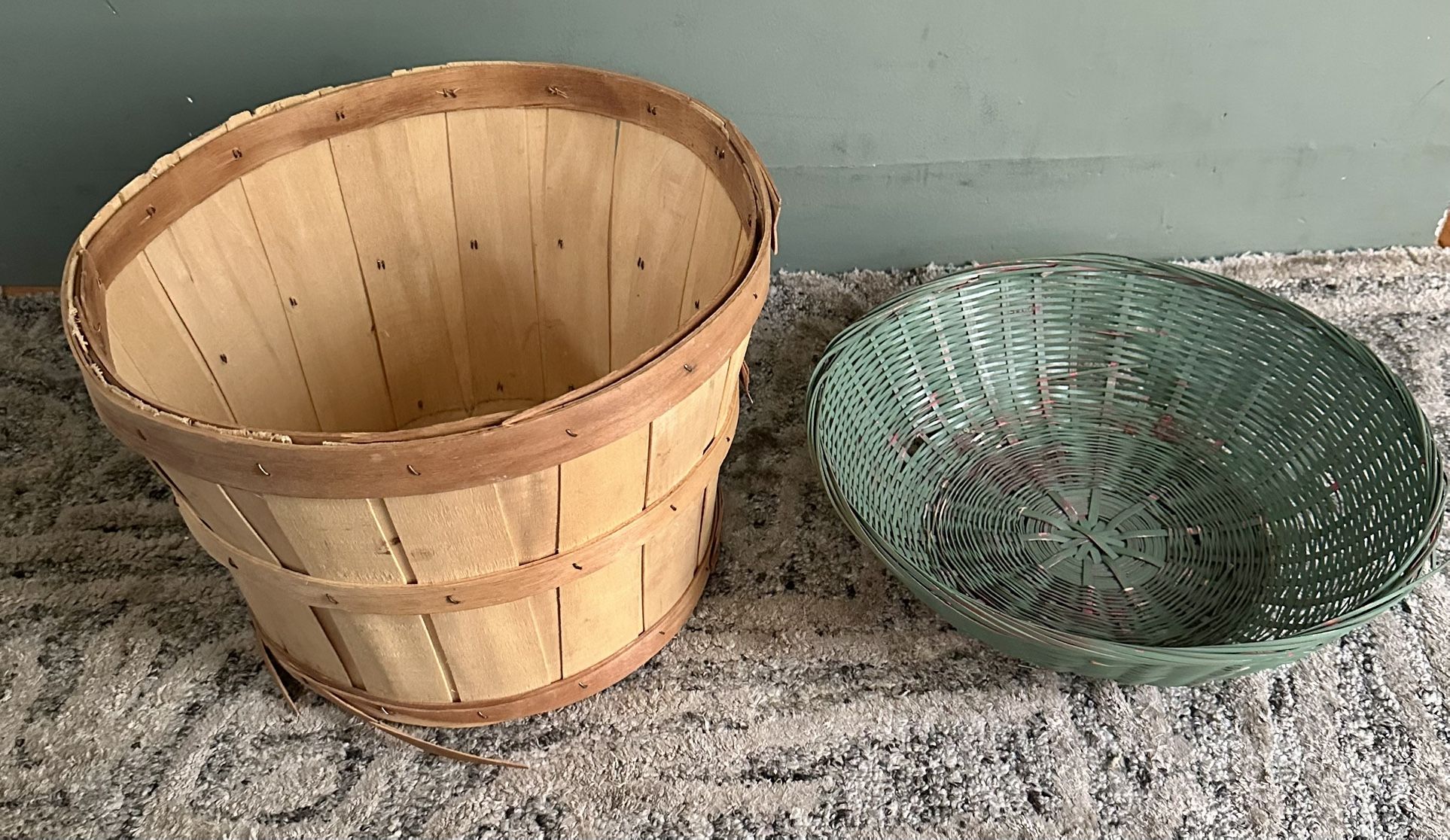 Vintage Wooden Apple Basket & Green Woven Basket Set