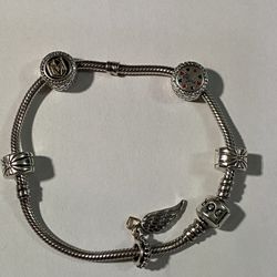 Official 8” pandora bracelet 3 charms 2 clamps , Vegas knights charm, 925 & G585 , wing, Vegas Poker