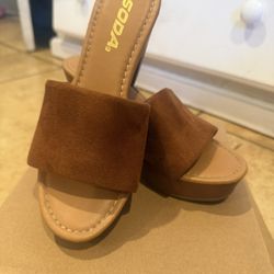 Brown Platform Slide On Wedges