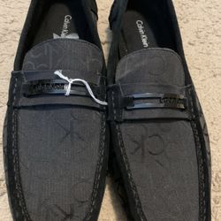 Men’s Calvin Klein Slip On Loafers In Black Logo Material And Suede W/ Metal Buckle Size 13, Very Comfortable & Flexible 