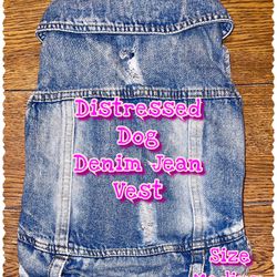 Dog Distressed Denim Jean Vest ~Medium