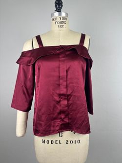 Blush Burgundy Off Shoulder Blouse Ruffle Neck 3/4 Sleeve Satin Small