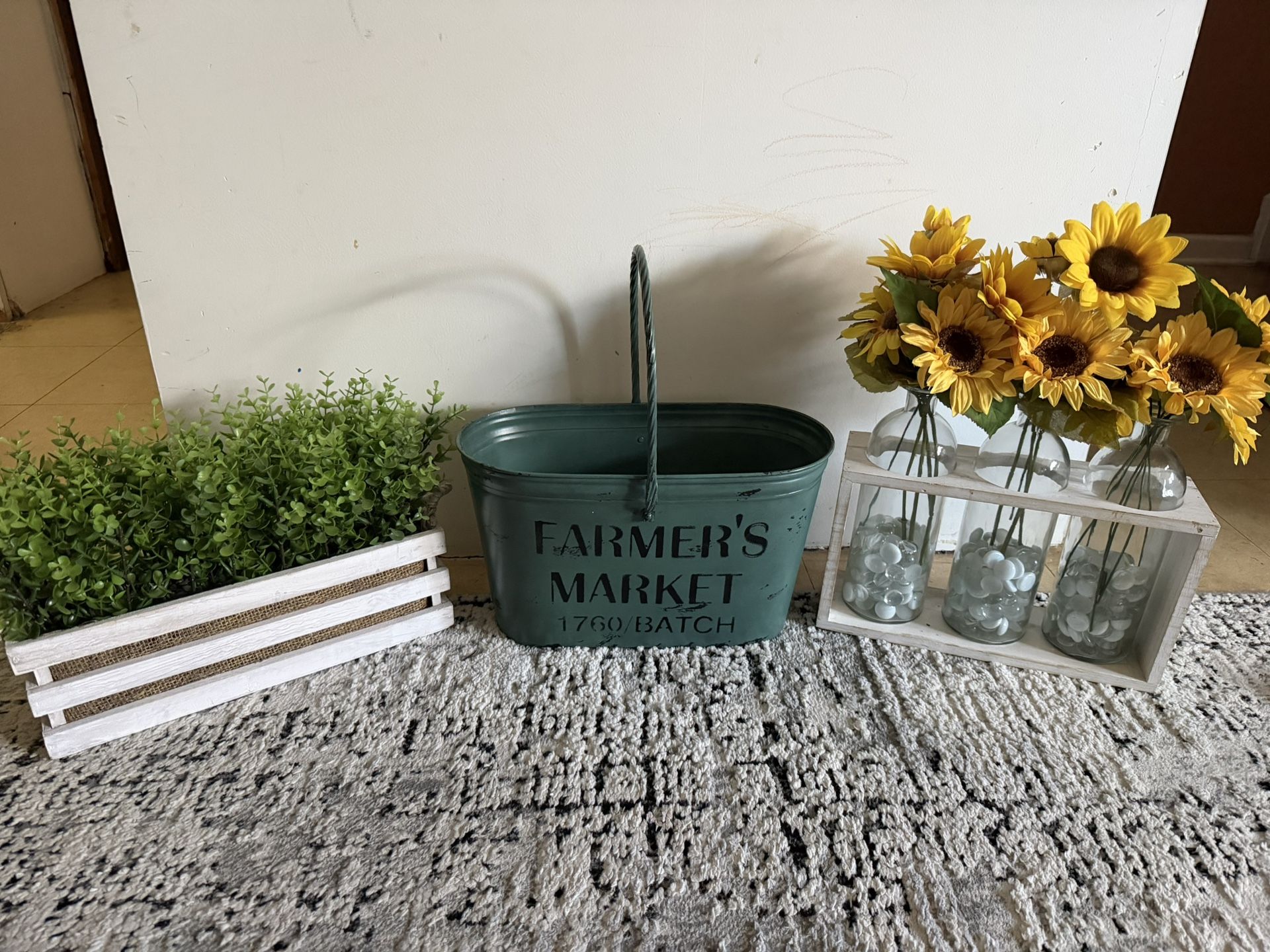 Farmhouse, Home, Decor, Metal Container, Artificial Plants, Sunflowers