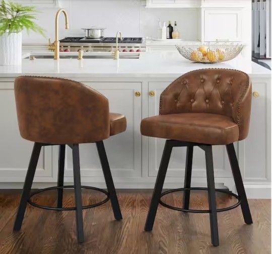 New 26 in, SET OF 2, Brown Faux Leather Upholstered Swivel Bar Stool with Metal Frame Nailhead Counter Height Barstool