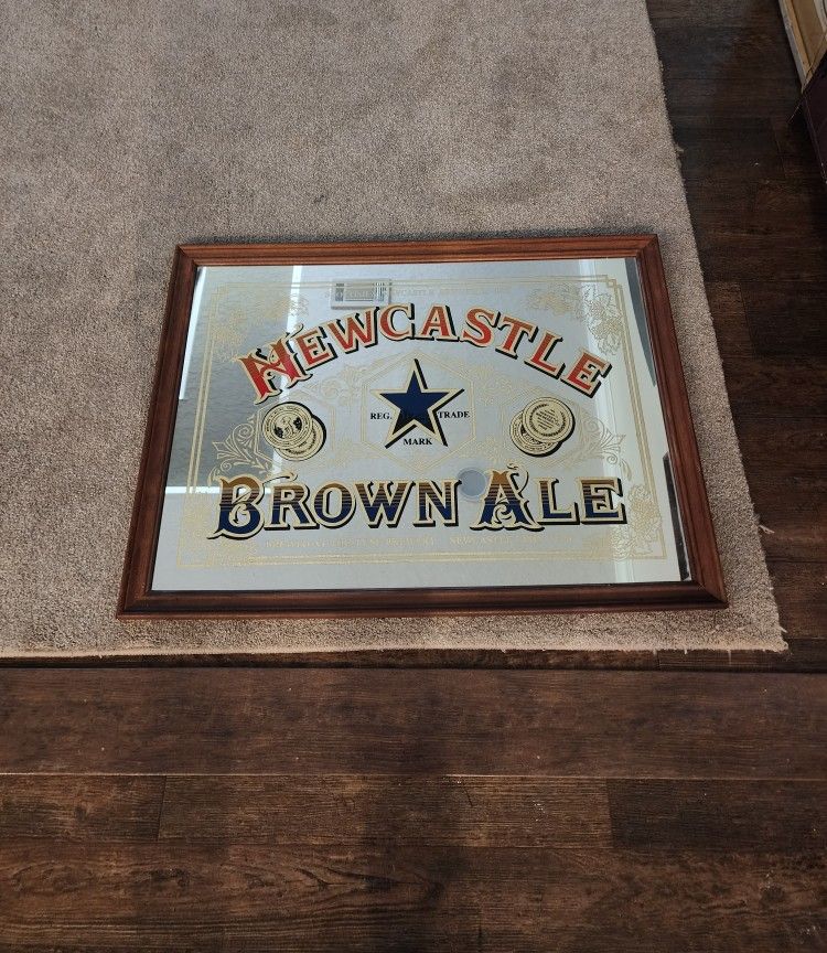 VINTAGE EXTRA LARGE New Castle Brown Ale ADVERTISING Bar Sign Mirror 32.5" x 24.75"