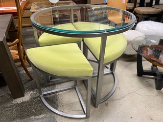 Modern Round Metal & Glass Dining Set w/ 4 Green Nesting Chairs