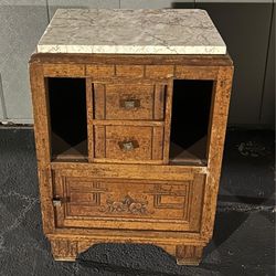 Art deco carved oak nightstand  with marble top