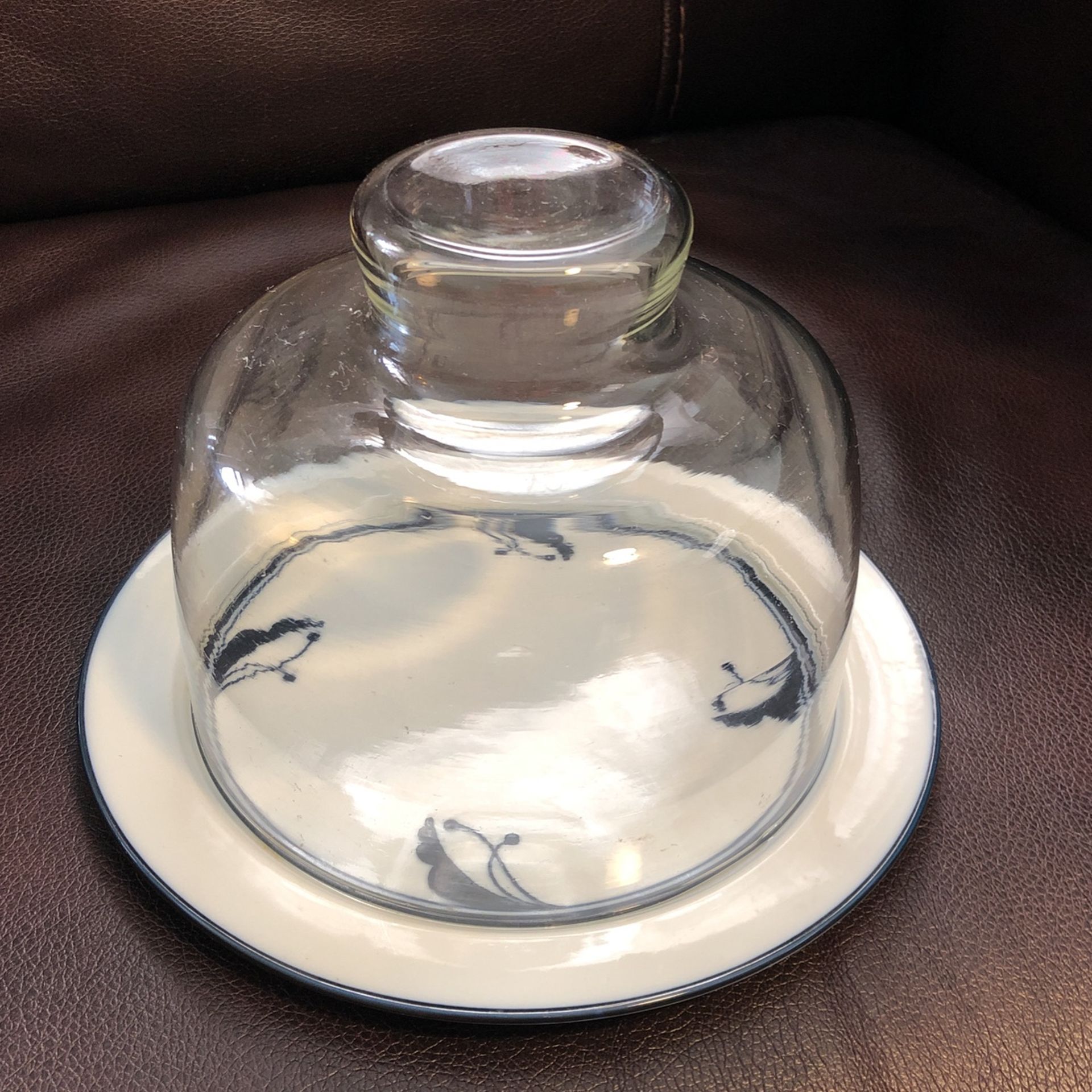ansk Flora Bayberry Blue Japan Cheese Plate w Heavyweight Glass Dome 9''