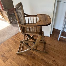 Vintage Oak And Cane High Chair Convertible To Rocking Chair 