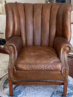 Brown Leather Wingback Chair with Nailhead Trim — $149 OBO