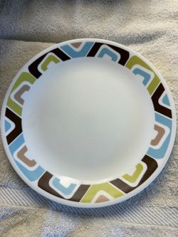 Corelle Squared Dinner Plate 10.25" Vintage Retro Geometric Blue Brown Green Vitrelle
