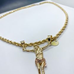 14k GOLD rope chain 5mm 24” and Crusifix  Cristo , necklance gold pendant