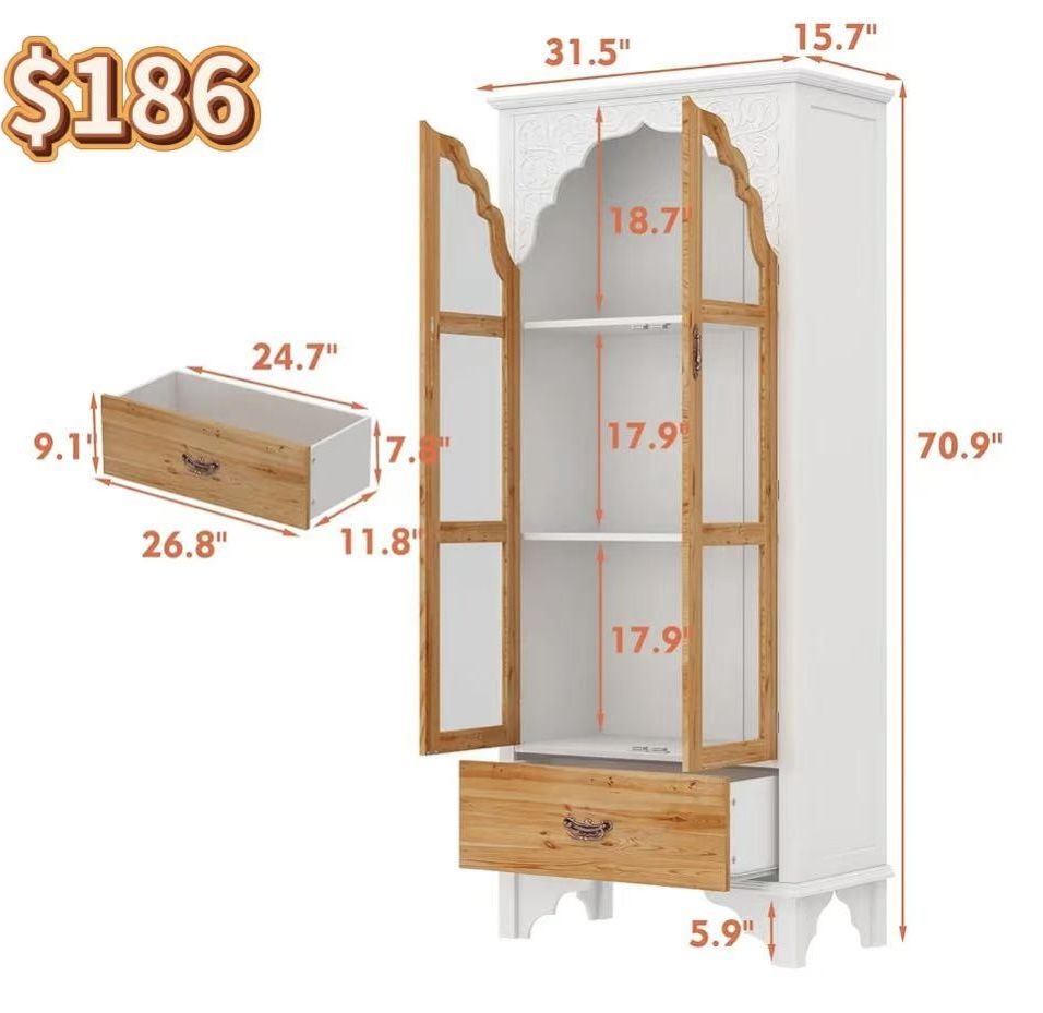 ✌️ FUFU&GAGA 15.7”Dx31.5”Wx70.9”H Tall Kitchen Pantry with Glass Doors, Vintage Storage Cabinet with 3 Shelves, Drawer, Buffet Cupboard
