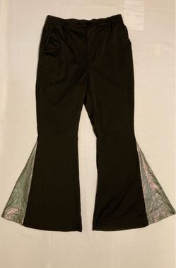 Women Silver Holographic Disco Panels Bell Bottoms Flared Black Pants Size Medium Halloween Costume Party Stretchy Waist Band
