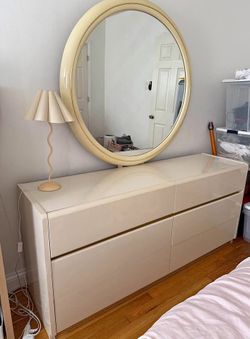 Postmodern Beige Lacquer Laminate Dresser With Gold Accent and Mirror