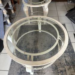 ROUND GLASS TOP COFFEE TABLE WITH END TABLE 