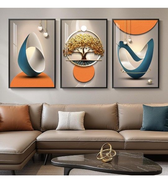 Framed Modern Large Wall Art for Living Room, Bright Style Abstract Paintings Artwork for Walls, Set of 3 Piece Contemporary Luxury Wall Art Prints, B