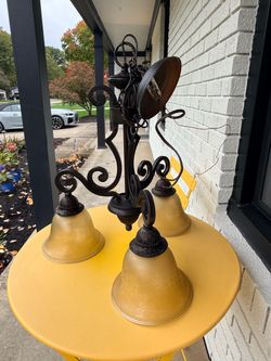 Bronze Scroll 3-Light Chandelier with Amber Shades