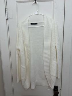 MEROKEETY White Waffle Knit Open Front Cardigan M