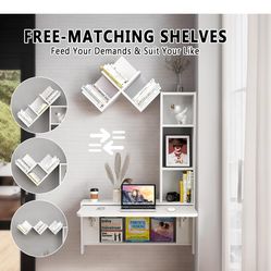 Folding Wall Mounted Drop Leaf Table, Foldable Desk with Moveable Cabinets, Floating Laptop with Convertible Storage Shelves, Multifunctional Computer