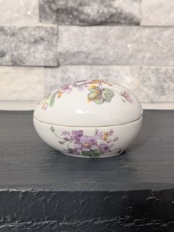 Vintage Limoges France Porcelain Egg Trinket Box Purple Violets Pansies Floral