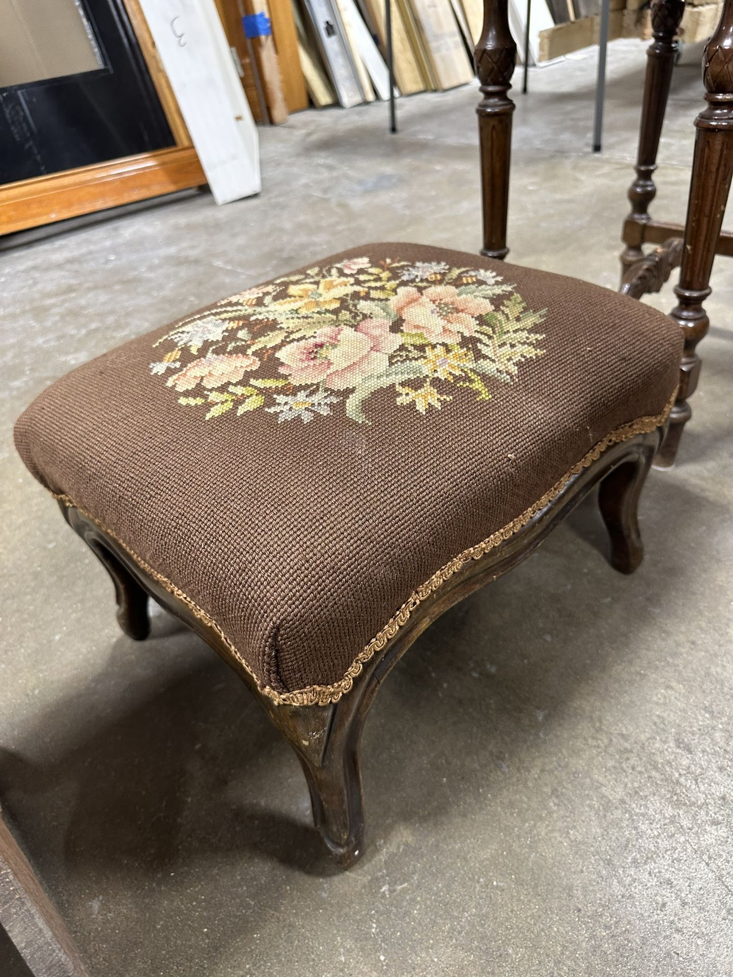 Antique Dressing Stool, English, Walnut, Needlepoint, Footstool, Early Victorian 