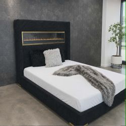 🔥 Black King Size Bed Frame | Modern Bedroom Styl | No Heater on Fireplace - Flame Box Display Only