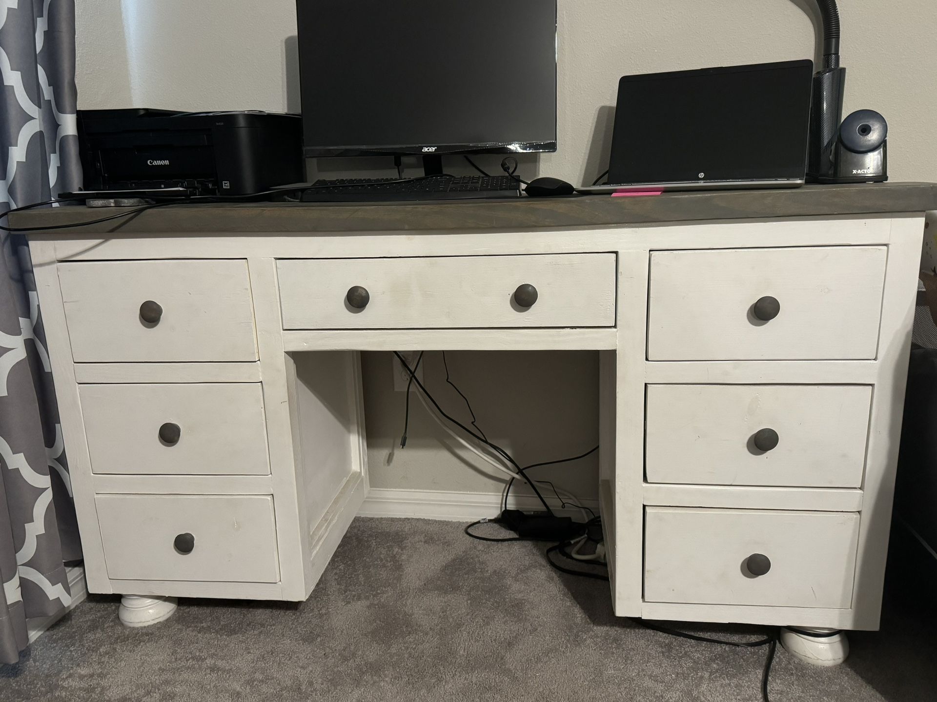 Real wooden desk (desk only) $125- 5 ft long, 20 in deep, 32 1/2 in tall. Feet are removable. Good for a desk or vanity.