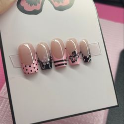 Medium square Press on nails black French tips polka dots flowers handmade gel