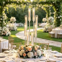 VINCIGANT 10PCS 8 Arm Acrylic Candelabra Candle Holders Clear Candelabra Centerpieces for Tables, Tall Wedding Candlestick Holders with Shades, 0.8"
