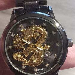 Mens Luxury Chinese Dragon Quartz Wristwatch Stainless Steel Black Watch Only 