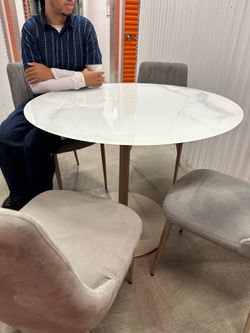 4 SEATER GLASS DINING TABLE ( WHITE MARBLE & DEEP GOLD) | MOVING SALE