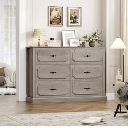 Wood Dresser 6 Drawer, 47.2'' Grey Dresser Farmhouse Dresser Chest of Drawers with Designed Drawer Surfaces