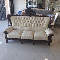 Couch White Leather  Buarl Wood 