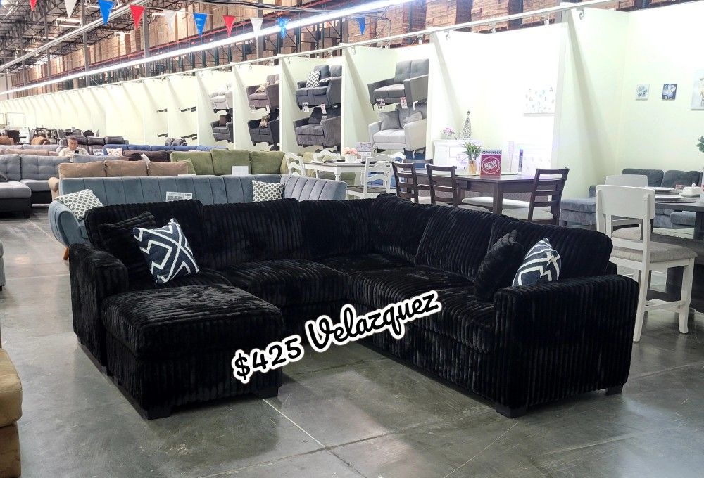 ✅️✅️ 4pc Black corduroy fabric upholstered sectional sofa with ottoman ✅️✅️