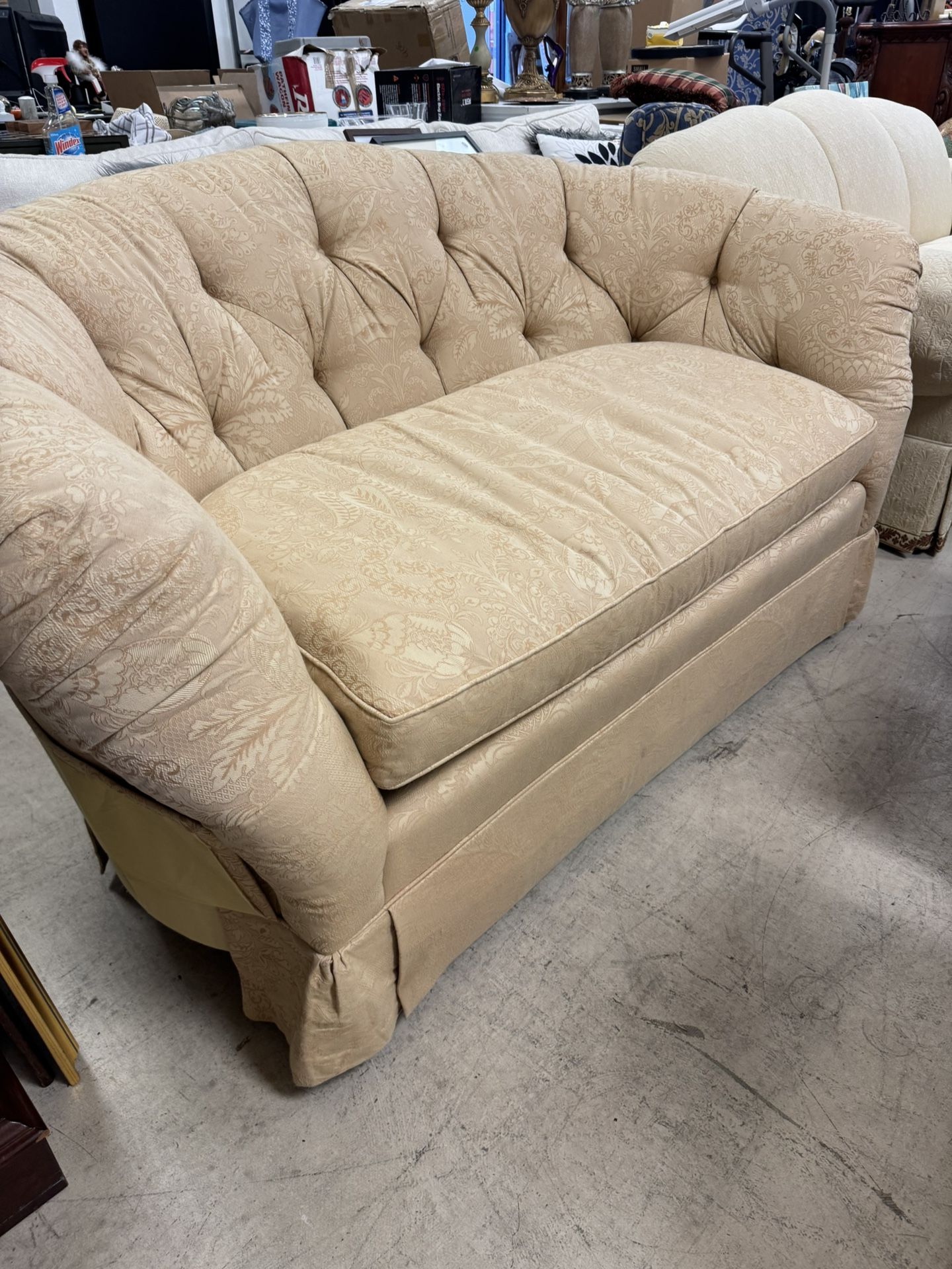 Capitone Baker Loveseat, Silk Upholstery, Late 20th Century, Excellent Condition, 66” x 37, Listed Retail Price: $1800