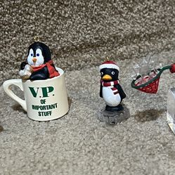 4 Hallmark Ornament V.P. of Important Stuff Penguin 1992 Mug Tenor 1990 Fishing 