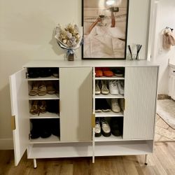 Modern White Fluted Shoe Cabinet / Entryway Storage Console