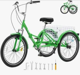 Adult 24 inch green tricycle, folding bike.