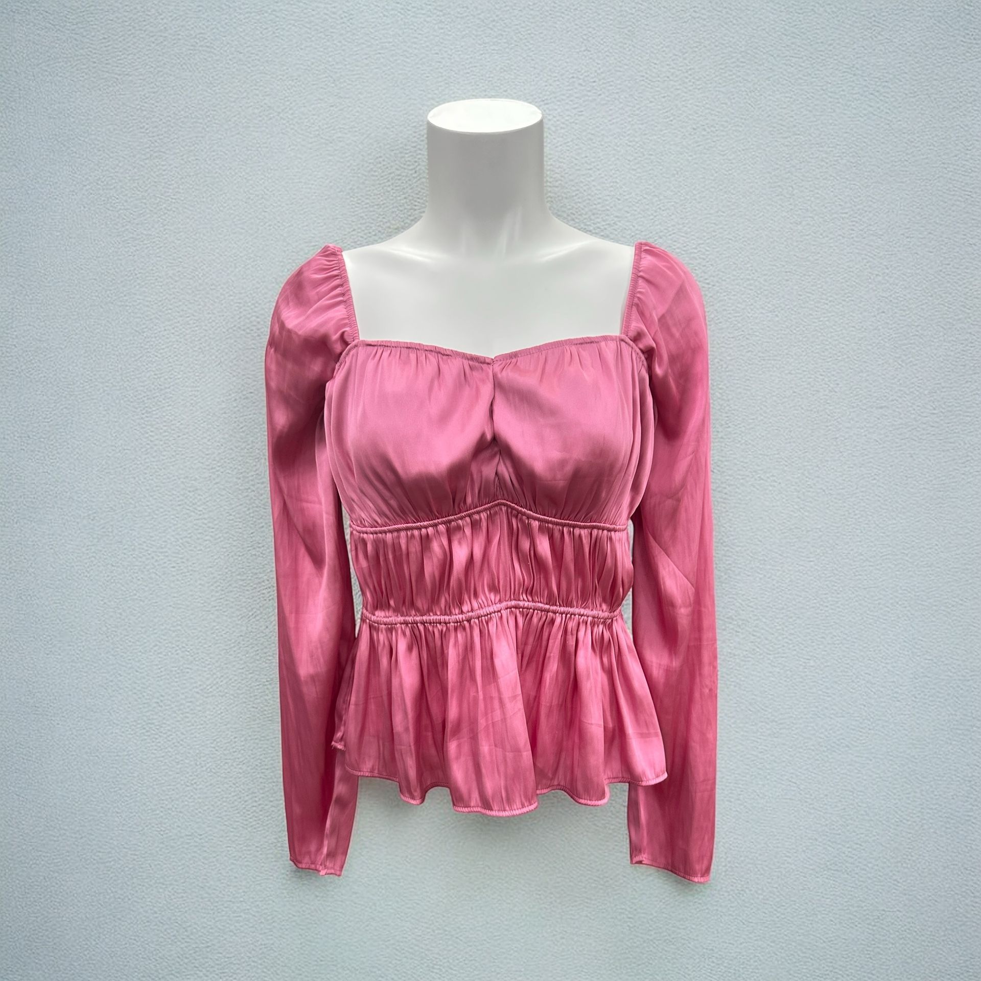 H&M Barbie Pink Satin Blouse Slim Fit Sweetheart Neck Sz S